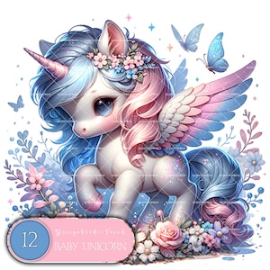 Clipart di unicorno bambino incantato - 16 disegni fantasy magici per sublimazione e creazioni primaverili - Uso commerciale