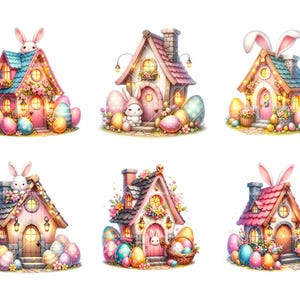 May include: Nine colorful Easter bunny houses with pastel pink, blue, and green accents. Each house has a bunny on the roof and is surrounded by pastel-colored Easter eggs.