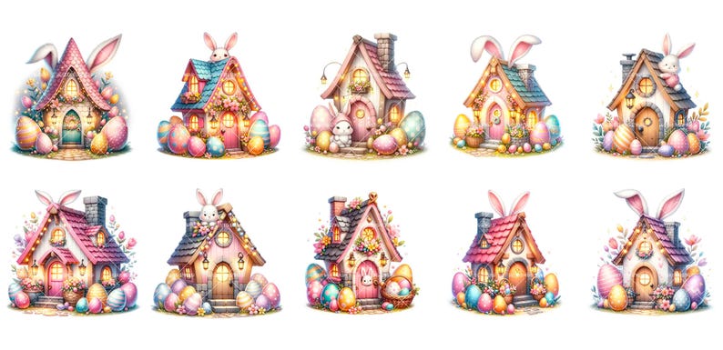 May include: Nine colorful Easter bunny houses with pastel pink, blue, and green accents. Each house has a bunny on the roof and is surrounded by pastel-colored Easter eggs.