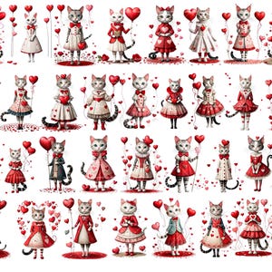 May include: A collection of 36 digital illustrations featuring cute cats dressed in various outfits and holding red heart balloons. The cats are wearing dresses, hats, and other accessories. The background is white with red hearts scattered throughout.