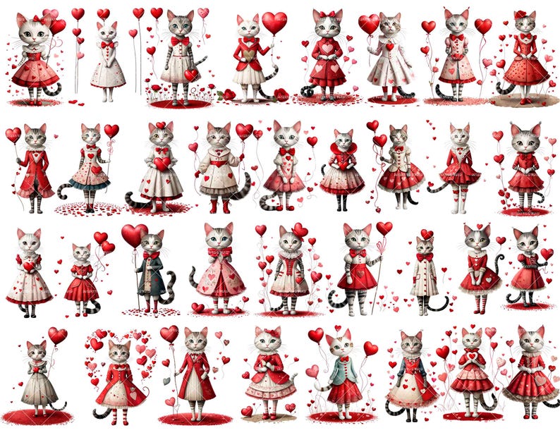 May include: A collection of 36 digital illustrations featuring cute cats dressed in various outfits and holding red heart balloons. The cats are wearing dresses, hats, and other accessories. The background is white with red hearts scattered throughout.