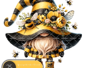 Bumble Bee Gnome Clipart: Floral Watercolor PNG Bundle (25 pcs)