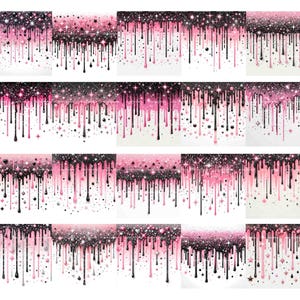May include: A digital paper pack with 12 seamless patterns featuring a pink and black glitter drip design. The patterns are perfect for creating digital scrapbook pages, backgrounds, and other digital crafts.