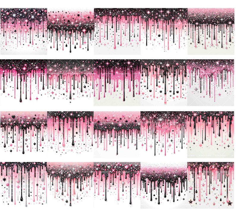 May include: A digital paper pack with 12 seamless patterns featuring a pink and black glitter drip design. The patterns are perfect for creating digital scrapbook pages, backgrounds, and other digital crafts.