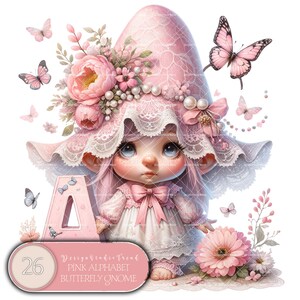 Nain fée papillon alphabet rose enchanteur - Ensemble de 26 cliparts magiques pour décoration de chambre d'enfant et designs par sublimation - Usage commercial