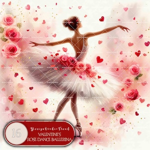 Clipart de bailarina de baile de rosas de San Valentín: 16 diseños PNG de acuarela extravagantes para manualidades: alta calidad y uso comercial, no transparente