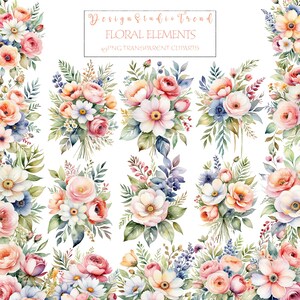 Paquete de elegantes diseños de flores en acuarela: 49 imágenes PNG para álbumes de recortes e invitaciones: elementos florales, uso comercial