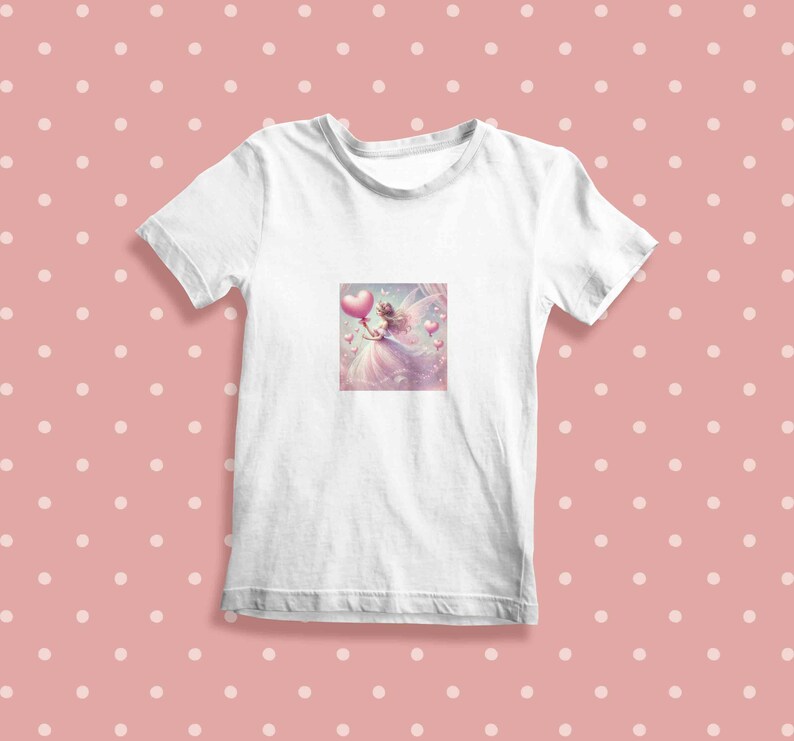 K&ouml;nnte beinhalten: Wei&szlig;es T-Shirt mit einem Motiv einer Fee, die einen herzf&ouml;rmigen Ballon h&auml;lt. Die Fee tr&auml;gt ein wei&szlig;es Kleid und hat rosa Fl&uuml;gel. Der Hintergrund ist hellrosa mit wei&szlig;en Punkten.