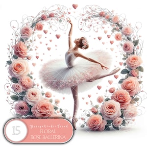Clipart de bailarina de baile con rosas florales: 15 diseños PNG de acuarela extravagantes para manualidades: alta calidad y uso comercial, no transparente
