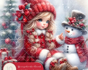 May include: A digital illustration of a young girl with long blonde hair wearing a red hat and a red coat. She is standing next to a snowman with a red scarf. The image is set against a snowy background with a Christmas tree in the background. The text "Design Studio Trend CHRISTMAS GIRL" is at the bottom of the image.