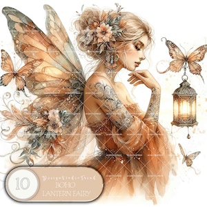 Conjunto de imágenes prediseñadas de hadas del país de las maravillas con linternas de estilo bohemio caprichoso - Decoración de guardería - 10 diseños bohemios PNG - No transparente - Uso comercial