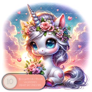 Dia dos Namorados Coração Céu Unicórnio Clipart – 10 Encantadoras Ilustrações Pastel Bebê Unicórnio para Artesanato Inspirado no Amor – Não Transparente