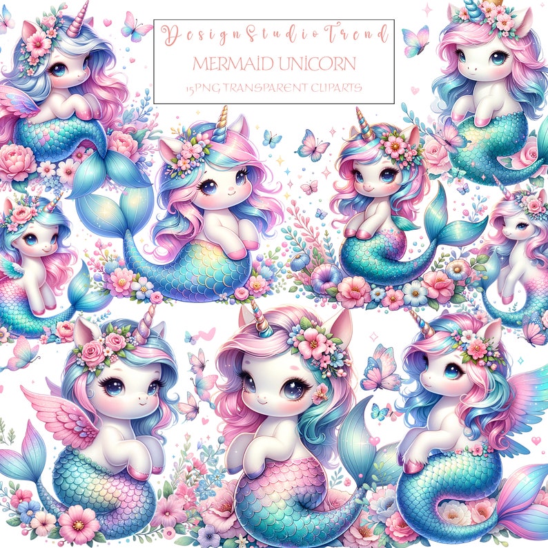Enchanted Mermaid Unicorn Clipart 15 Magical Fantasy Designs for ...