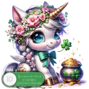 St.Patrick Gold Pot Baby Unicorns Clipart - Arte de primavera para projetos de artesanato DIY - Download instantâneo mágico - Uso comercial - Não transparente