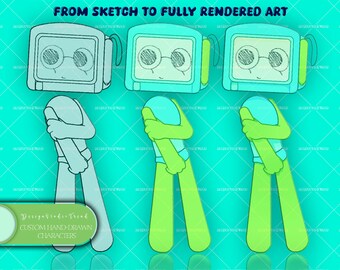 May include: A digital illustration showing three stages of a character design with a television-shaped head and round glasses. The text reads FROM SKETCH TO FULLY RENDERED ART and CUSTOM HAND-DRAWN CHARACTERS. The figures are in shades of green and teal.