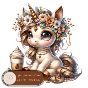 Collezione di clipart di unicorni da caffè magici - 10 PNG di unicorni amanti del caffè pastello per artigianato digitale, biglietti e uso commerciale