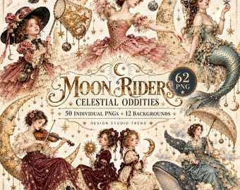May include: A digital collection titled Moon Riders Celestial Oddities featuring 62 PNG files, including 50 individual illustrations of figures in ornate attire with celestial motifs, stars, moons, and a whale, plus 12 backgrounds.