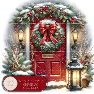 Collection de cliparts de portes de Noël rouges - 10 fichiers PNG sur le thème des vacances enchanteurs - Art de Noël de conte de fées - usage Commercial - Non transparent
