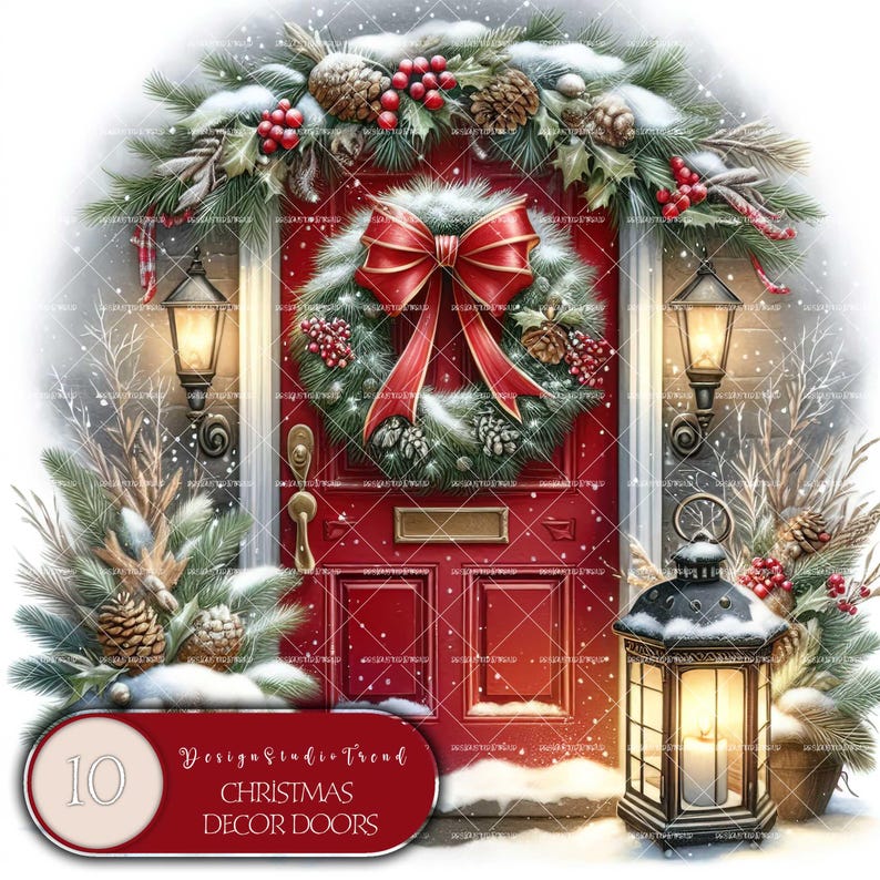 May include: A red door with a wreath and a lantern. The door is decorated with a red bow and a wreath of pine branches and red berries. The lantern is made of metal and has a glass pane. The door is surrounded by snow and pine branches.