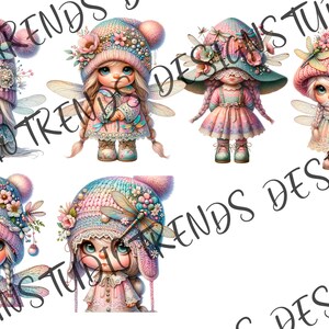 May include: Five digital illustrations of fairies with pink and blue knit hats, floral accents, and dragonfly wings. The fairies are wearing pink dresses and have long blonde braids.