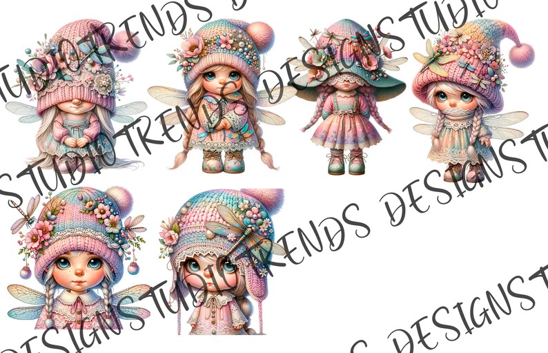 May include: Five digital illustrations of fairies with pink and blue knit hats, floral accents, and dragonfly wings. The fairies are wearing pink dresses and have long blonde braids.