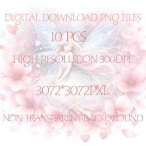 Peut inclure: T&eacute;l&eacute;chargement num&eacute;rique de 10 fichiers PNG de f&eacute;e. La f&eacute;e est repr&eacute;sent&eacute;e avec des ailes roses et blanches, de longs cheveux blancs et une robe blanche. L'arri&egrave;re-plan est d'un rose doux avec des fleurs blanches et des c&oelig;urs. L'image est de 3072 x 3072 pixels et 300 DPI. Le texte "DIGITAL DOWNLOAD PNG FILES", "10 PCS", "HIGH RESOLUTION 300DPI", "3072*3072PXL", et "NON TRANSPARENT BACKGROUND" est inclus dans l'image.