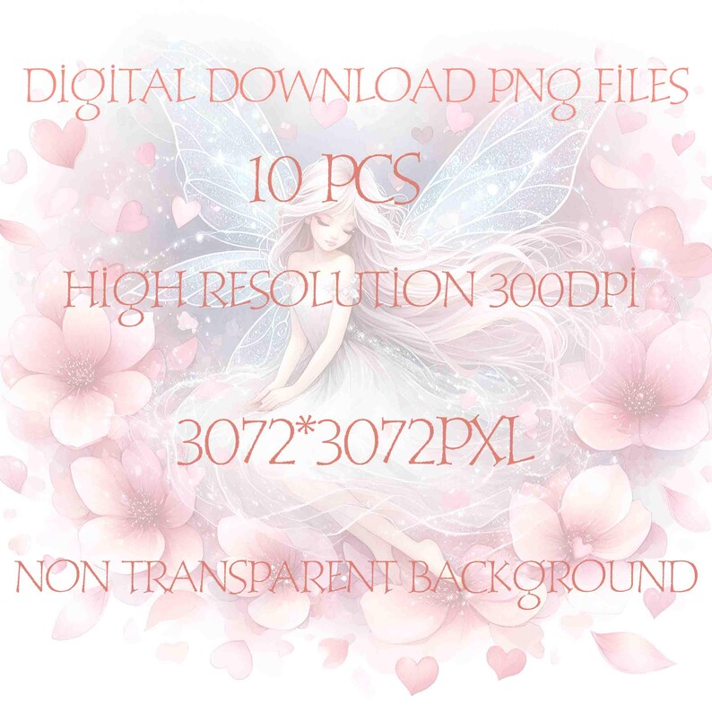 Peut inclure: T&eacute;l&eacute;chargement num&eacute;rique de 10 fichiers PNG de f&eacute;e. La f&eacute;e est repr&eacute;sent&eacute;e avec des ailes roses et blanches, de longs cheveux blancs et une robe blanche. L'arri&egrave;re-plan est d'un rose doux avec des fleurs blanches et des c&oelig;urs. L'image est de 3072 x 3072 pixels et 300 DPI. Le texte "DIGITAL DOWNLOAD PNG FILES", "10 PCS", "HIGH RESOLUTION 300DPI", "3072*3072PXL", et "NON TRANSPARENT BACKGROUND" est inclus dans l'image.