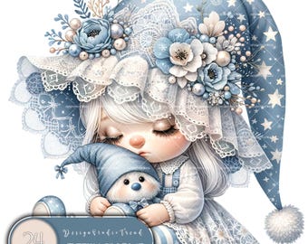 Sleepy Gnome Clipart PNG Bundle: Nursery Decor (24 pcs) (Digital Download)