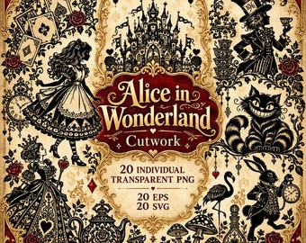 Alice in Wonderland Cutwork Clipart Bundle: SVG, PNG, EPS Graphics (Commercial Use)