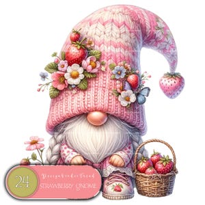 Délices fantaisistes aux fraises - 24 gnomes fantaisistes avec délices floraux, parfaits pour les jardins de printemps et la création de magie