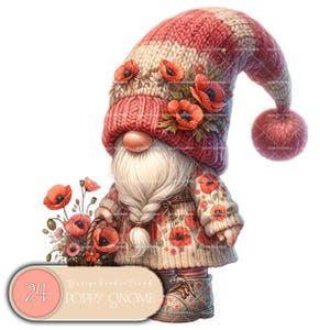 Incantevole clipart di gnomi di papaveri - Pacchetto PNG floreale del bosco - 24 pezzi di disegni fantasy floreali per sublimazione e creazioni primaverili