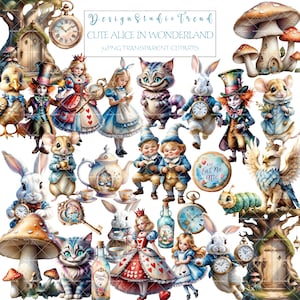Alicja w Krainie Czarów ClipArt Bundle - 72 wysokiej jakości akwarelowe obrazy PNG do Junk Journals - wysokiej jakości przezroczystość - do użytku komercyjnego