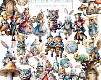 Alice im Wunderland Clipart: 72 Aquarell PNG Bilder (kommerzielle Nutzung)