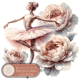 Conjunto de imágenes prediseñadas de bailarina rosa caprichosa y fantasía floral: 15 PNG de acuarela mágicos para manualidades, alta calidad, transparentes, para uso comercial