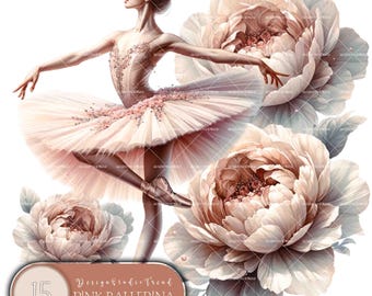 Watercolor Ballerina Clipart Set: Pink Floral PNGs, Commercial Use (Digital Download)