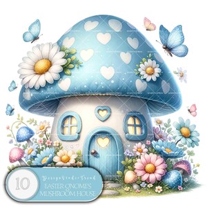 Clipart de casa de cogumelo azul do gnomo da Páscoa - 10 PNGs encantadores para chás de bebê, decoração de berçário e projetos criativos - Download digital