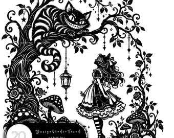 May include: A black and white graphic illustration featuring a girl standing beneath a tree where a striped cat with a wide grin is perched. The scene includes hanging lanterns, mushrooms, and roses. Text at the bottom reads 20 DesignStudioTrend ALICE IN WONDERLAND CRICUT.