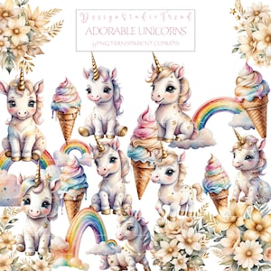 Rainbow Unicorn Clipart Bundle: Glitter Stars, Ice Cream (PNG, Commercial Use)