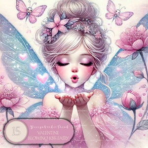 Valentijnsdag Pink Fairy Blowing Kiss Clipart-15 unieke hartontwerpen - babyshower kinderkamer kunst aan de muur - niet-transparant - commercieel gebruik