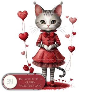 May include: A gray and white cat wearing a red dress with a bow and surrounded by red hearts. The cat is standing on a white background. The text "Design Studio Trend Quirky Valentine's Cats" is at the bottom of the image.