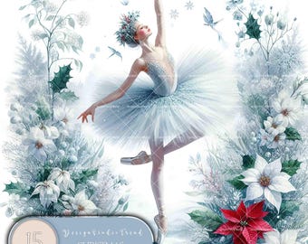 Christmas Ballerina Watercolor Clipart: 15 PNG Set (Commercial Use)