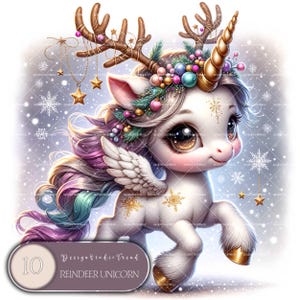 Magisches Rentier Einhorn Weihnachten Clipart Set - 10 Pastell Baby Einhörner für Winter Ar Crafts - Sofortiger digitaler Download - Nicht transparent