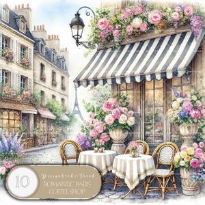 Colección de imágenes prediseñadas de cafeterías románticas de París: viaje mágico de 10 diseños para amantes del café para creaciones por sublimación: uso comercial