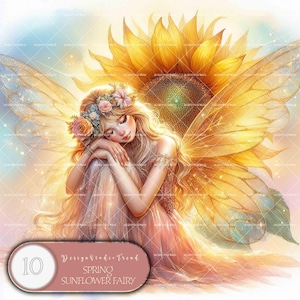 Clipart lente zonnebloem Fairy - 10 unieke png-bloemontwerpen - babyshower kinderkamer kunst aan de muur - niet-transparant - commercieel gebruik