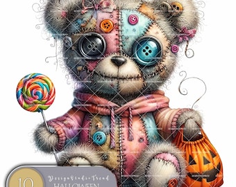 Spooky Zombie Teddy Clipart: 10 Halloween PNG Designs (Commercial Use)