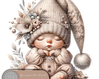 Floral Newborn Gnome Clipart: Fantasy PNG Collection (Commercial License)