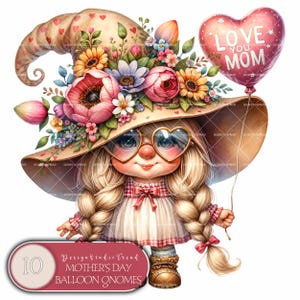 Clipart di gnomi con palloncini per la festa della mamma - 10 graziose immagini PNG trasparenti per sublimazione, biglietti, artigianato e decorazioni primaverili - Uso commerciale