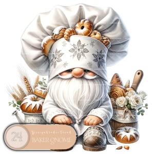 May include: A white gnome baker wearing a white chef hat with a white and gray snowflake pattern. The gnome is holding a loaf of bread and is surrounded by other baked goods, including bread, rolls, and pastries. The gnome is sitting on a wooden stool with a white and gray patterned fabric. The gnome is surrounded by wheat stalks and white flowers. The text "24 Design Studio Trend BAKER GNOME" is on a brown sign in the lower left corner of the image.