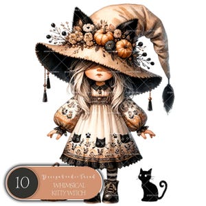 Pacchetto mistico di Halloween Kitty Witches Clipart - 10 file PNG - Perfetto per la sublimazione autunnale e l'uso commerciale