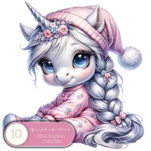 Whimsical Pink Pajama Unicorn Dreams: set di clipart magiche - 10 unicorni pastello per lavoretti invernali e design per la buonanotte - uso commerciale